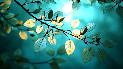Delicate Leaves Silhouetted Against Turquoise Sky Nature Photography