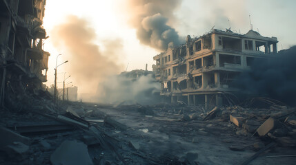 A devastated city filled with smoke and debris in the aftermath of war, The buildings are damaged, with rubble and ruins