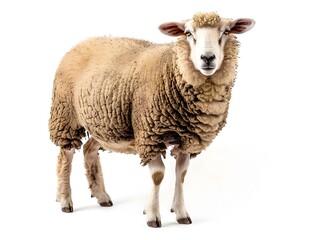 Fototapeta premium A plump woolly sheep standing in a relaxed pose on a white background