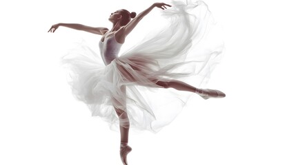 A graceful ballerina in a white tutu leaps through the air, her flowing skirt a blur of motion.