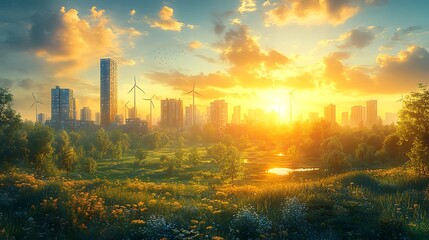 2. A thriving urban landscape showcasing renewable energy with wind turbines and solar panels, surrounded by public transport systems, cycling paths, and sustainable buildings all designed to 