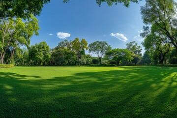 Fototapeta premium Serene Green Grass Field with Trees and Blue Sky in Bangkok Park, National Geographic Style