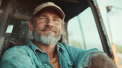 In a casual, relaxed pose, a bearded worker sits comfortably in his truck, exuding tranquility and satisfaction from a job well done, set in earthy tones.