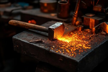 Blacksmith at work shaping glowing metal in a rustic workshop with tools and sparks flying during late evening hours