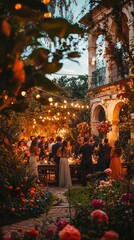 Fototapeta premium An enchanting outdoor gathering illuminated by fairy lights, surrounded by lush flowers and joyful people celebrating together.
