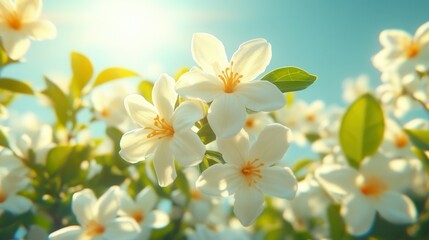Obraz premium Delicate white flowers bloom vibrantly under the bright sun in a serene garden, showcasing green leaves and capturing the essence of spring. The gentle sunlight enhances their beauty and creates a pea