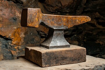 Rusty forged iron anvil placed on a wooden block in a rustic workshop surrounded by stone walls
