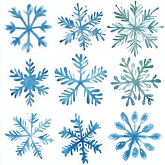 Fototapeta premium Watercolor snowflakes isolated on white. Christmas winter holiday symbol in an aquarelle style. Background, texture, wrapper pattern, frame or border for background, texture or frame.
