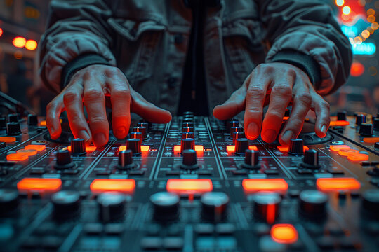 Stylish Generative AI photo, music fest dj deejay working at night club event rave stereo