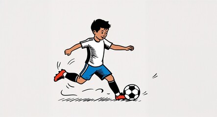 Hand drawing clipart of a boy kicking soccer ball on plain white background