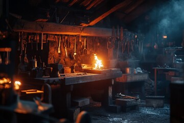 A well-equipped blacksmith shop illuminated by fire during late evening hours, showcasing tools and metalwork processes