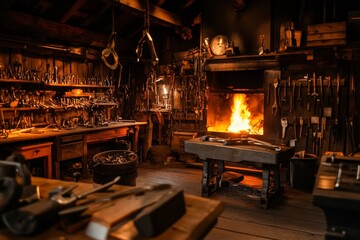 Exploring a traditional blacksmith workshop with a glowing forge and various tools during a warm evening - Powered by Adobe