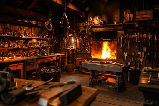 Exploring a traditional blacksmith workshop with a glowing forge and various tools during a warm evening
