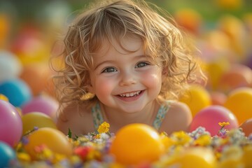 A cheerful girl with curly hair smiles brightly while lying among a sea of colorful eggs and blooms in a sunlit garden. The scene captures the essence of spring, highlighting the joy and wonder of chi
