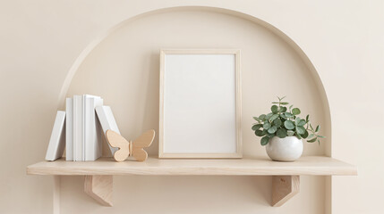 Empty white mock up picture frame on wooden shelf with green plant A butterfly made of wood decoration.
