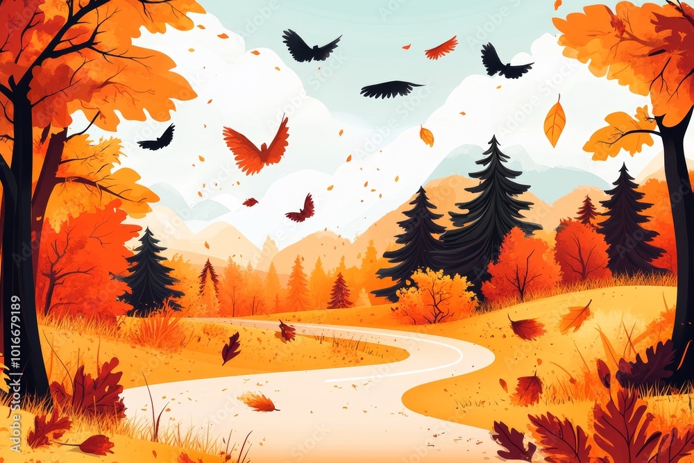 Wall mural This stunning autumn forest landscape illustration shows a mix of forest types in a beautiful autumn season.