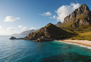 Rugged Coastal Landscape with Turquoise Ocean and Mountain Range