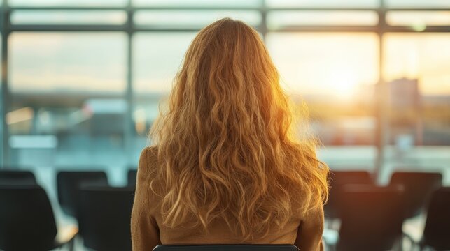 A woman with long, flowing hair faces away, gazing out through large windows at a serene sunrise, filled with golden hues, representing contemplation and calm.