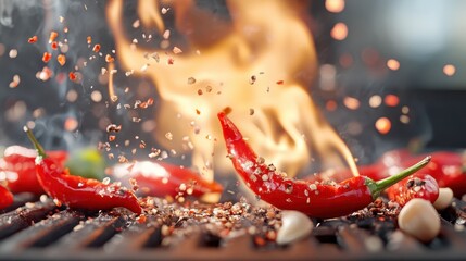 Red chili peppers perfectly grilled with fiery sparks and portions of garlic, epitomizing the art of cooking with a punch of spice and flavor.