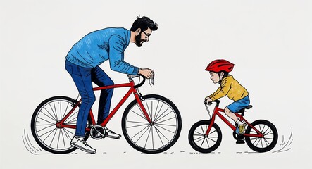 Fototapeta premium Hand drawing clipart of a father teaching child to ride bike on plain white background