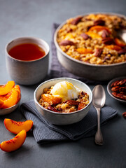 Crumble cake with ice cream in bowl and cup of tea. Grey background.