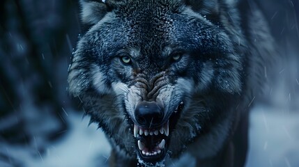Fearsome Wolf Snarling with Bared Teeth in Moonlit Night Scene