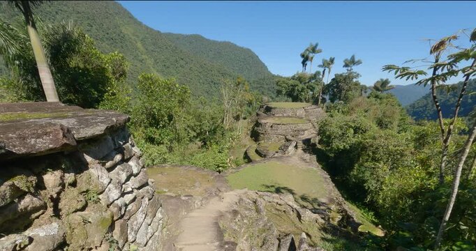 Hidden ancient ruins of Tayrona civilization Ciudad Perdida in the heart of the Colombian jungle Lost city of Teyuna. Santa Marta, Sierra Nevada mountains, Colombia wilderness