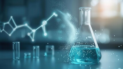 Synthetic chemical powder mixing with liquid, close up, dissolution theme, surreal, composite, glass flask backdrop
