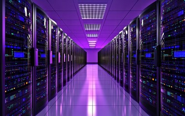 Fototapeta premium A modern data center featuring rows of servers illuminated with purple and blue lights, showcasing advanced technology.