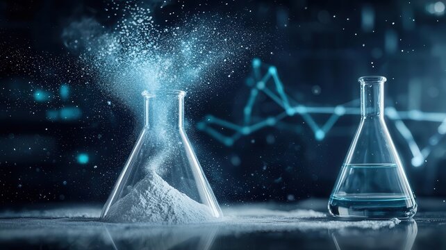 Chemical substance synthetic concept. Synthetic chemical powder mixing with liquid.
