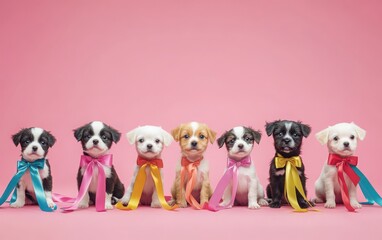 Obraz premium A delightful collection of cute puppies adorned with colorful ribbons, happily posing in front of the camera in a studio environment. 