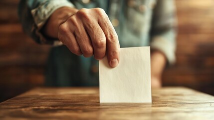 A close-up image of a hand holding a voting slip, poised above a wooden ballot box, representing an individual's involvement in the electoral process.