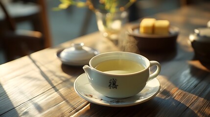 Relaxing Morning Solace with Steaming Cup of Tea on Rustic Wooden Table
