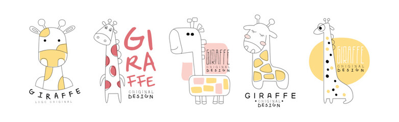 Cute Giraffe Logo and Label Original Design Vector Set
