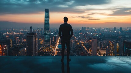 Fototapeta na wymiar Business, man and thinking at city on rooftop about career or future with goal in company. Professional, person and skyscraper on roof is standing with vision or hope for decision as leader at work