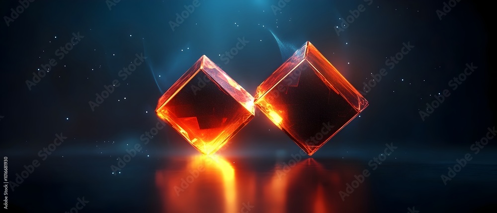 Poster abstract futuristic design featuring glowing floating geometric shapes in a dark ethereal space this
