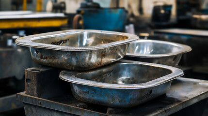 A pile of old stainless steel sinks stacked, Heavy use over time, The sinks have a dull, weathered look
