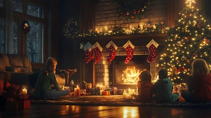 Fototapeta premium Family gathered around a fireplace and Christmas tree on a cozy night