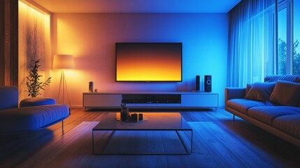 A cozy living room with modern decor, featuring ambient lighting, a large TV, and a stylish coffee table.