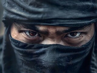 Intense Ninja Eyes Locked on Target Masked Warrior Ready to Strike in Fierce Concept