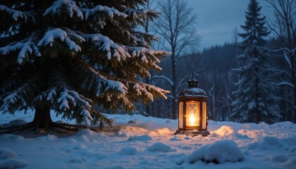 Cozy lantern glowing warmly against snowy pine forest at dusk