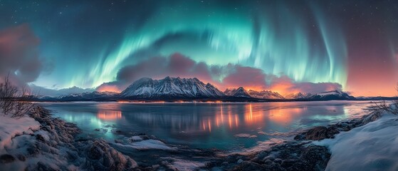 Captivating aurora borealis lights up the night sky casting a magical glow over the snow capped mountain range and its reflection in the tranquil frozen lake