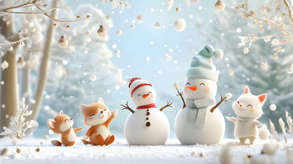 Obraz premium Cute forest animals building a snowman festive mood