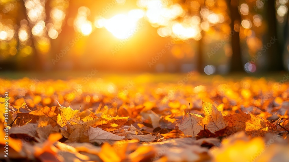 Wall mural Golden autumn alley with foliage and leaves. Stock photo.