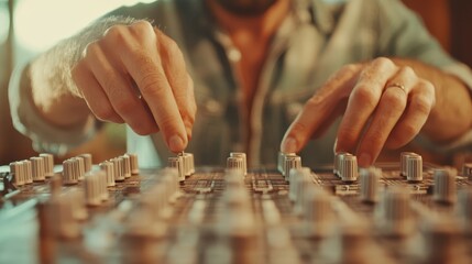 A close-up of hands expertly manipulating knobs and sliders on a soundboard in a recording studio, highlighting technical proficiency and attention to detail in sound engineering.