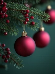 Decorative deep red ornaments dangle elegantly from a lush pine branch, surrounded by vibrant berries. The festive arrangement captures the warmth of the holiday spirit, creating a cozy winter atmosph