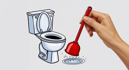Hand drawing clipart of a plunger fixing clogged toilet on plain white background