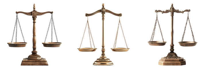 Antique brass weighing scales with intricate details ideal for law firm logo or legal service advertisement shown in PNG format with transparency