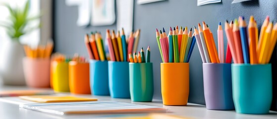 Colorful Pencils in Cups on Desk.