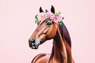 The portrait shows a horse with flowers against a pastel background